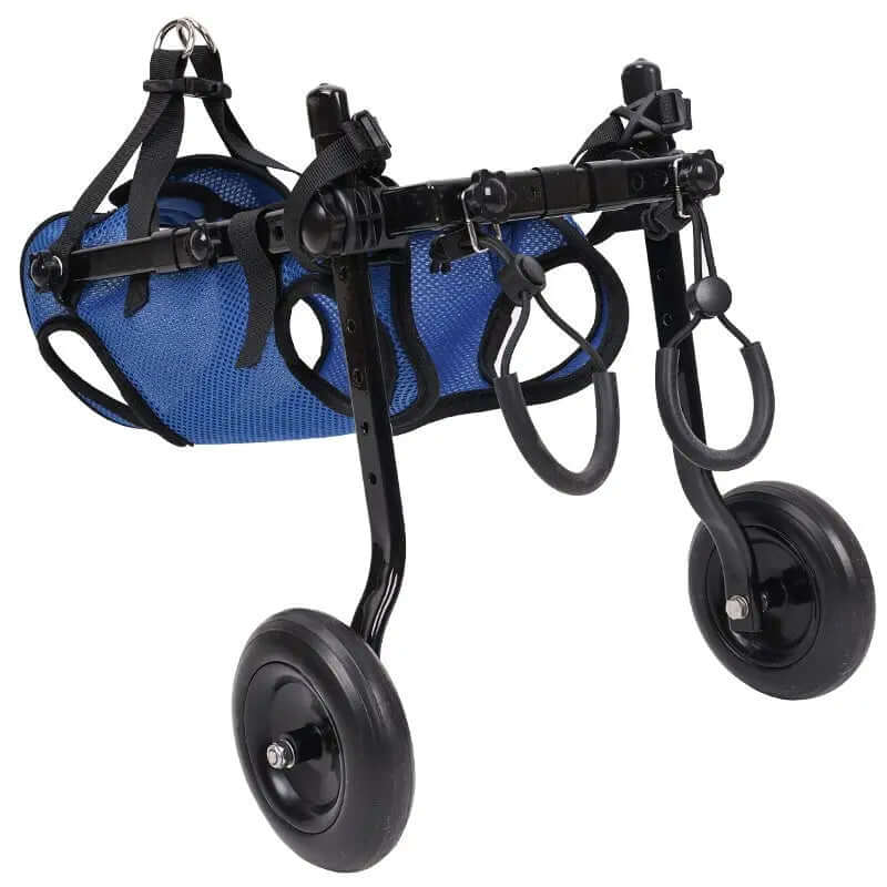 Pet Disabled Dog Wheelchair Scooter in blue with aluminum alloy frame and wheels to assist disabled dogs.