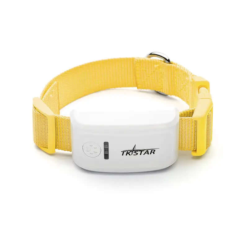Cat GPS Tracker Locator Device for Pets attached to a yellow collar, designed for real-time tracking and location services.