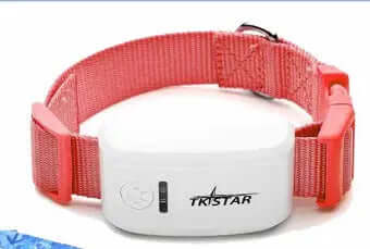 Cat GPS Tracker Locator Device for Pets with red adjustable strap and white device.