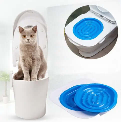 cat toilet trainer cats Cleaning Training Toilet Supplies with Toilet Seat Lighting and blue trays.
