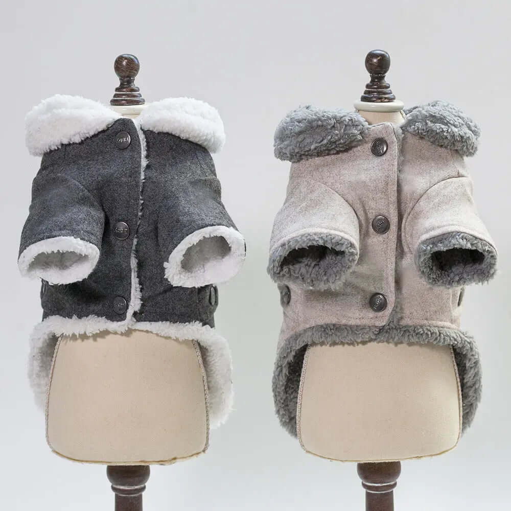 Dog Clothes Winter Pet Dog French Bulldog Jacket Thick Warm Dog Coat in gray and beige colors on display.