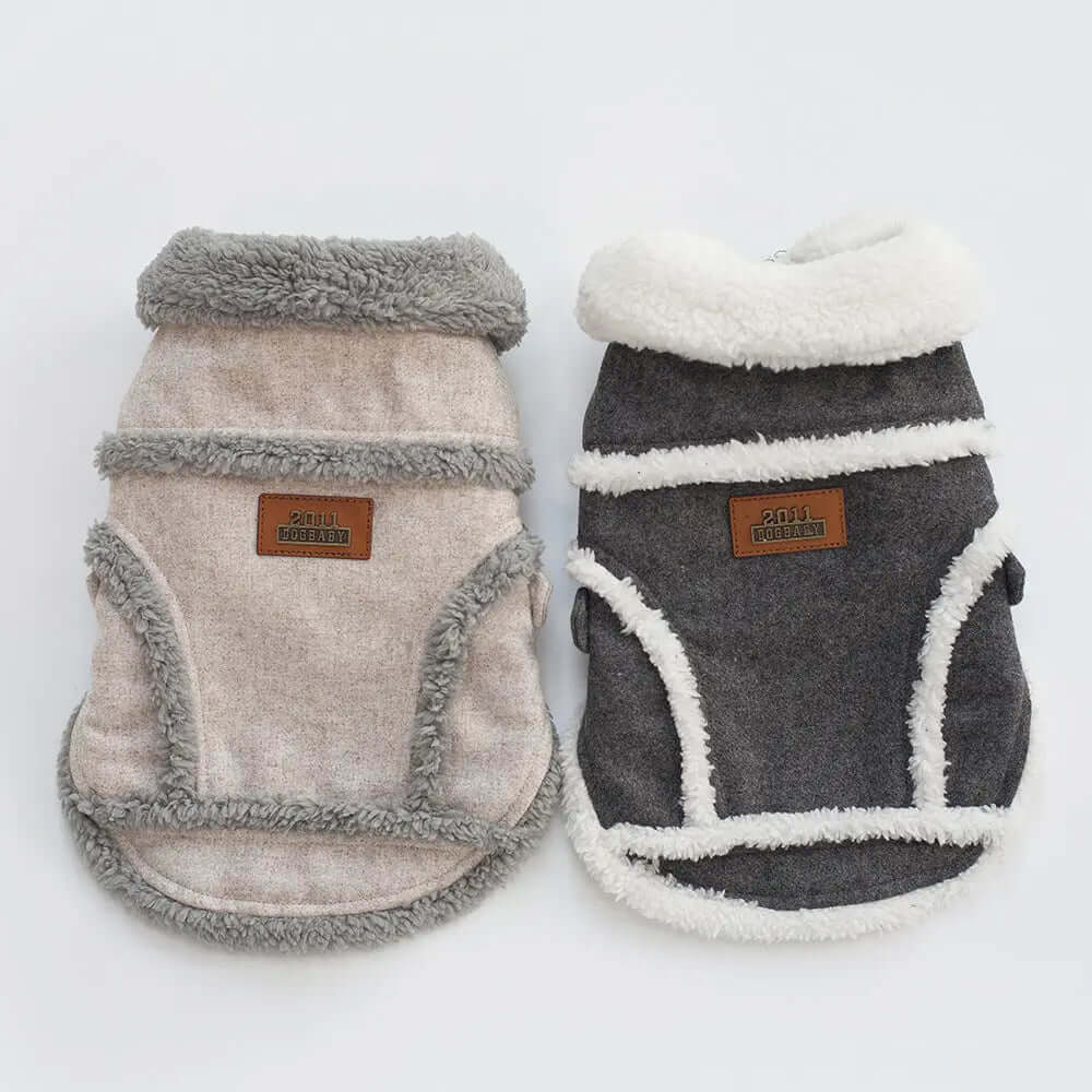Dog Clothes Winter Pet Dog French Bulldog Jacket Thick Warm Dog Coat, two cozy jackets in beige and gray for dogs.