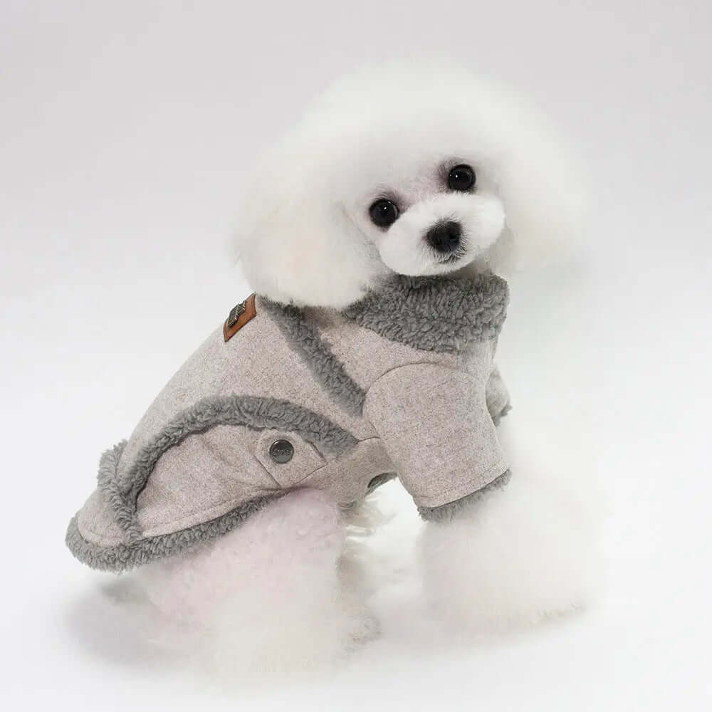 Dog Clothes Winter Pet Dog French Bulldog Jacket Thick Warm Dog Coat on a fluffy white puppy.