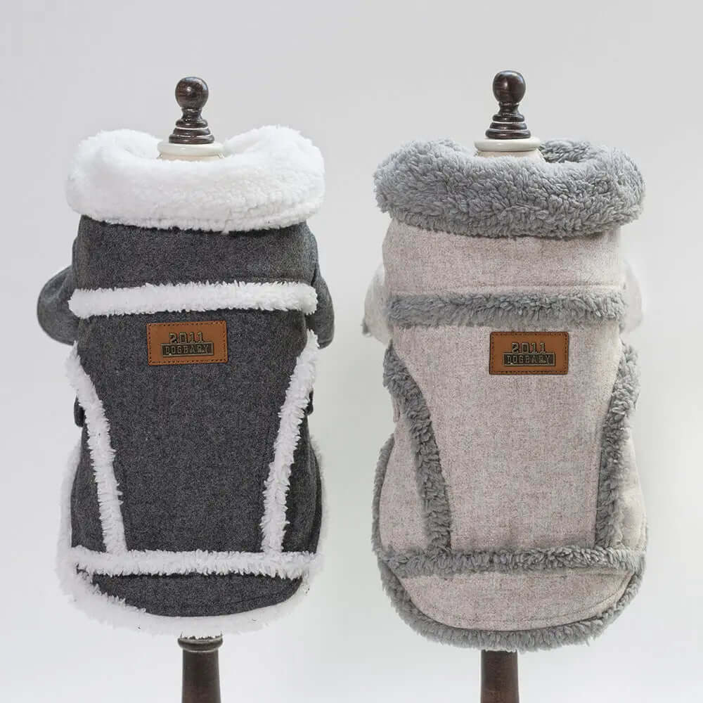Dog Clothes Winter Pet Dog French Bulldog Jacket Thick Warm Dog Coat in gray and beige colors displayed on mannequins.