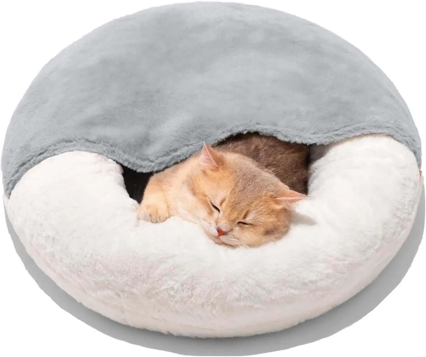 Enclosed Cat Bed Cave - Washable Pet Bed With Blanket & Non-Slip Base For Cats & Small Dogs 22'' X 22'', White with a cat sleeping.