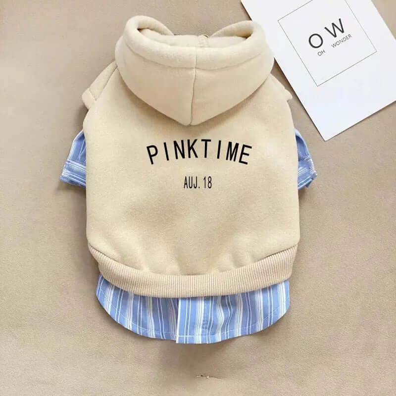 Dog fashion Fashion Dog Clothes Warm Clothes with beige hoodie and blue striped shirt for stylish pets.
