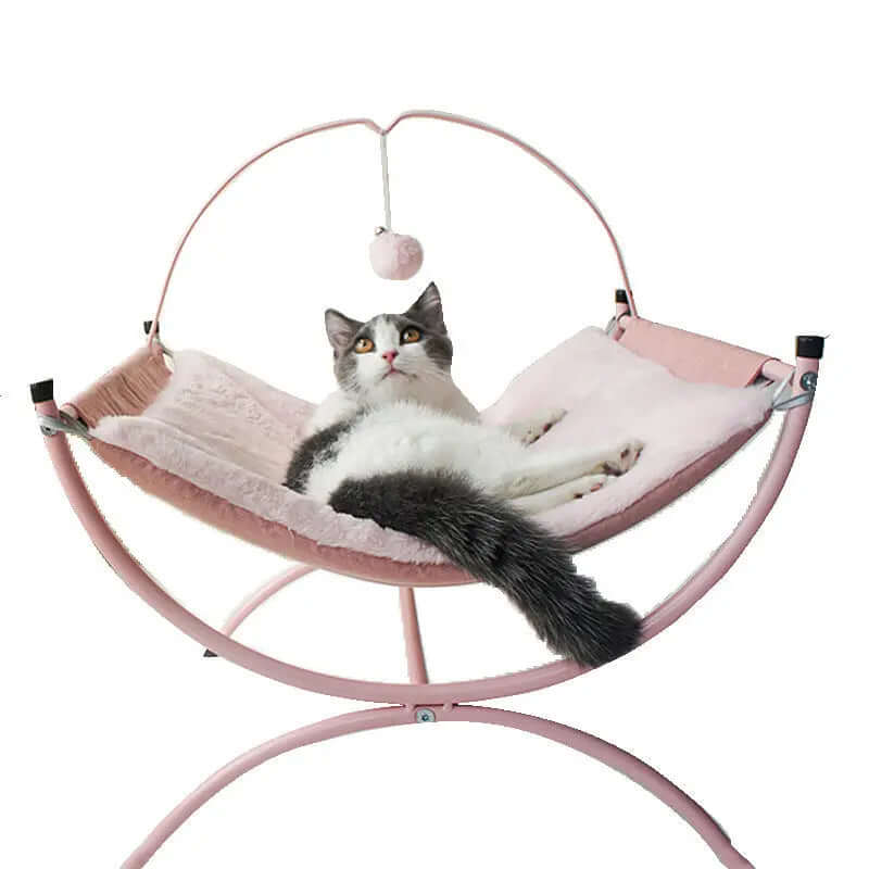 Four Seasons cat recliner Cat Bed featuring a cat lounging on a pink hammock-style bed with playful ball.