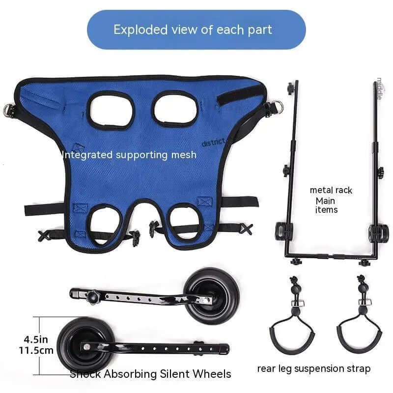 Exploded view of parts for Pet Disabled Dog Wheelchair Scooter, including mesh, wheels, and metal rack.
